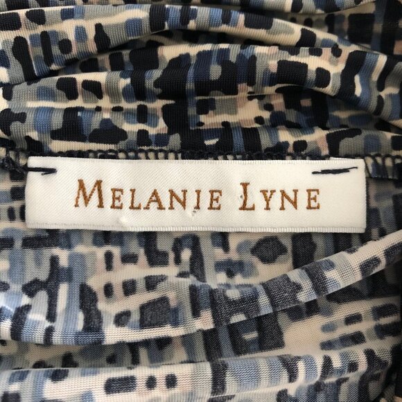 Melanie Lyne Cap Sleeve Faux Turtleneck Poly Abstract Print Top Navy Cream Sz L - Picture 7 of 9